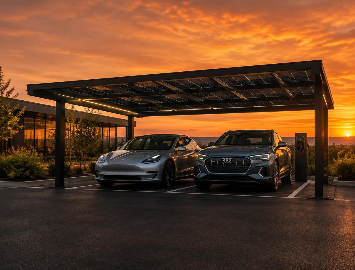 Solarcarport mit Photovoltaikdach über zwei Elektrofahrzeugen